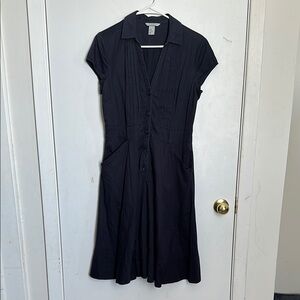 H&M Navy Blue Midi Dress with Notched Collar and Cap Sleeves